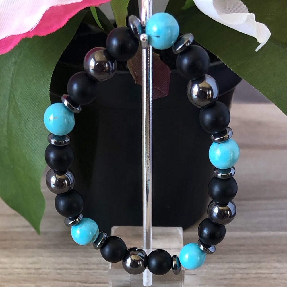 Natural Turquoise Stone Stretchable Hematite Rounded Beaded Bracelet